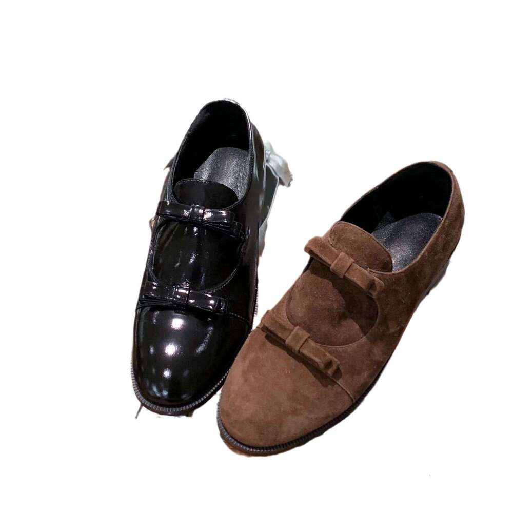 Genuine Leather Double Bowknot Women's Loafers 2025 Spring New Chunky Heel Round Toe Mary Jane Shoes