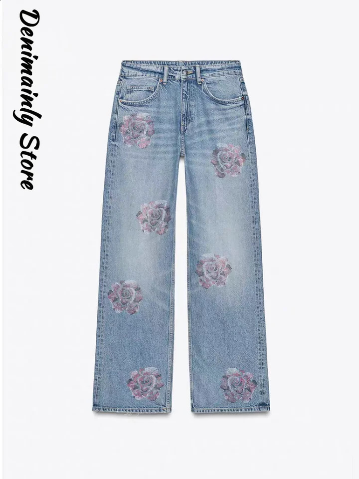 Casual Flower Shaped s Woman Jeans Denim Low Waist Loose Straight Trousers 2025 Fashion High Street Lady Pants 250516Z