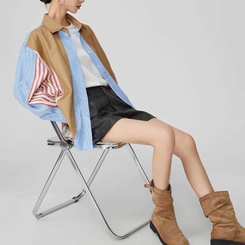 Women's Wear Colorblock Striped Patchwork Shirt Casual Loose Fit Button-Up Long Sleeve Blouse For Women Daily & Office Outfits