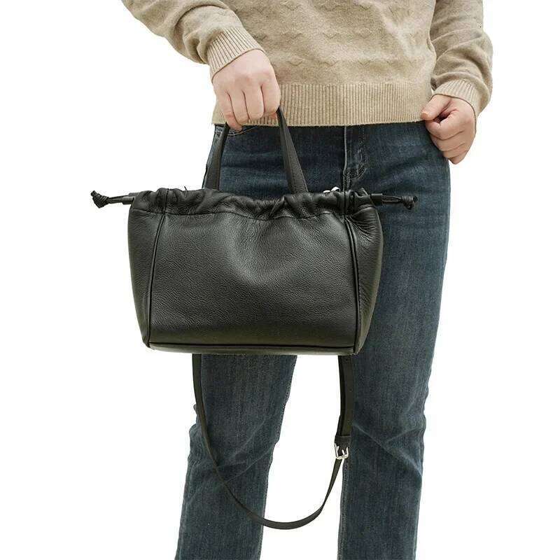 Fashion Hobos 100% Genuine Leather Soft Skin Women String Shoulder Bag Classic Black Elegant Lady Crossbody Purse Tote Handbag
