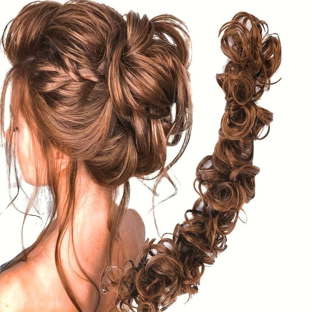 One Pack 20inch Long Messy Bun Extensions, High-Temperature Fiber Material, Multi-Functional Brown Black Curly Hair Styling, Suitable for Women Girls 