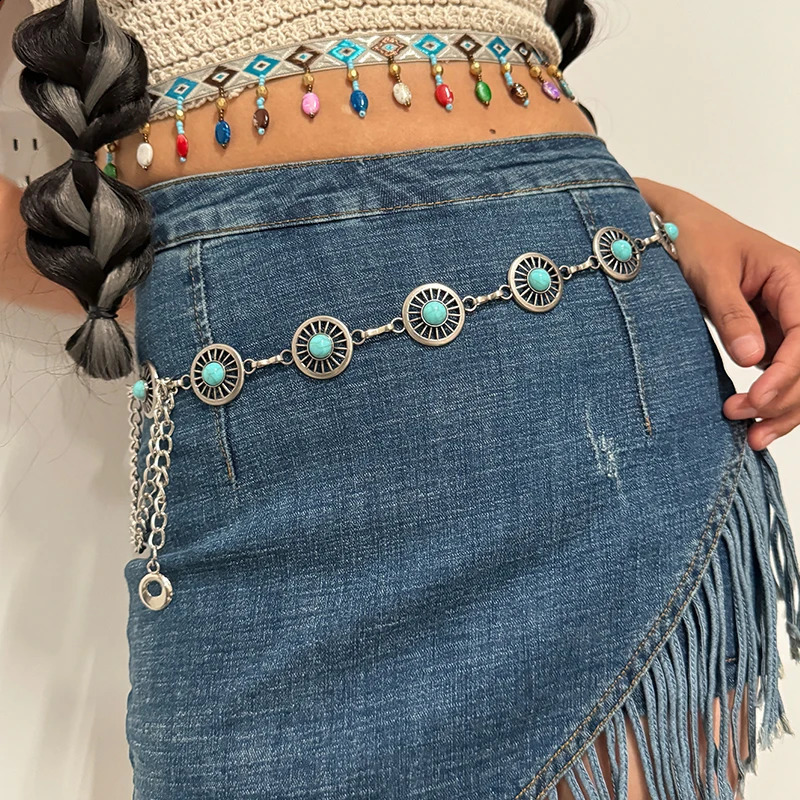Fashion Silver Bohemian female circular waist chain blue gemstone Ellipse chain belts for women suitable for Skirts dress 250523