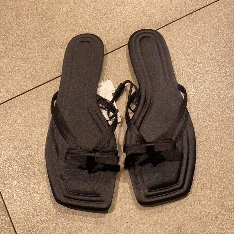 Genuine Leather Korean Style Square Flat Bowknot Toe Ring Slippers for Women Outdoor 2024 Summer New Beach Flip-Flops