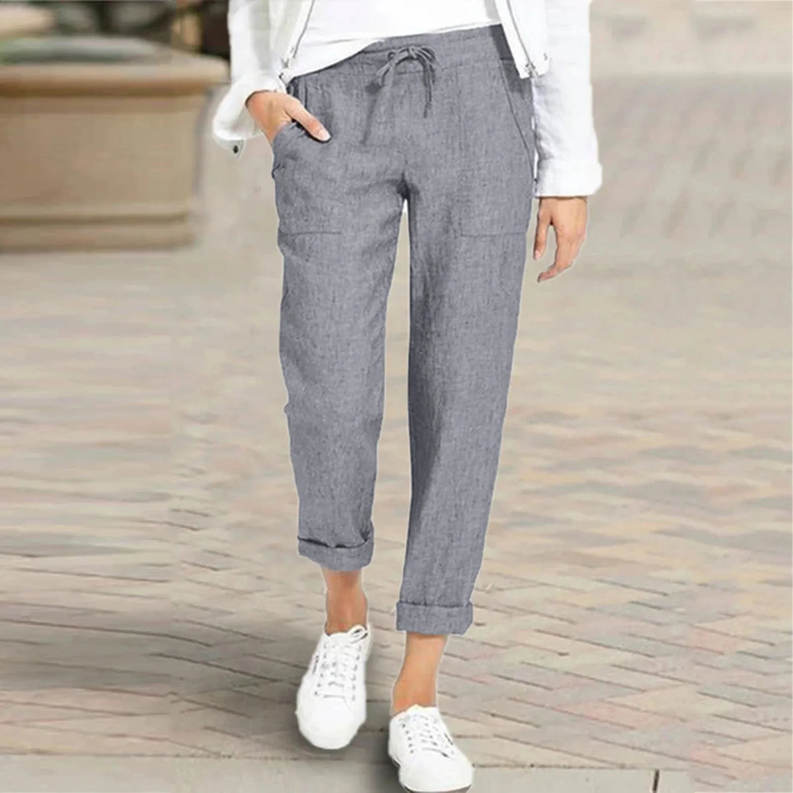 WomenS Linen Cropped Pants Bottoms With Pockets Trousers Drawstring Loose Straight Casual For Summer Daily Wear 250529Z