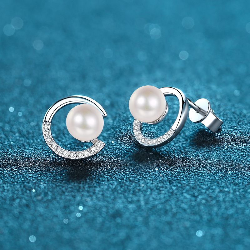 925 Sterling Silver Stud Earrings for Women, Freshwater Pearl CC Style Moissanite Earrings, Flawless Design, High-End Fashion Jewelry