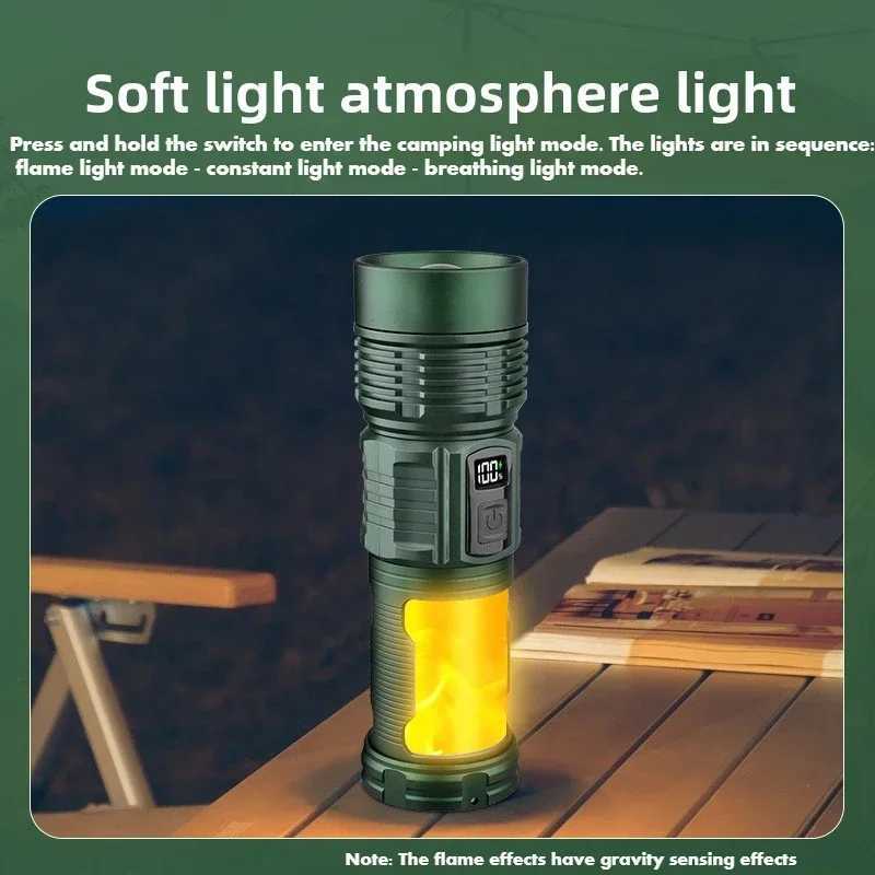 Multifunctional portable strong light flashlight telescopic zoom usb rechargeable multi-light source camping light with flame XJ250529