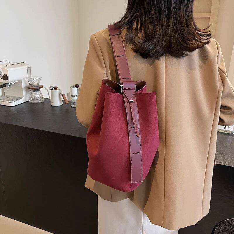 Branded Frosted PU Leather Shoulder Bucket Bag Set For Women 2-In-1 Faux Suede Big Capacity Shopper Tote Designer Handbag