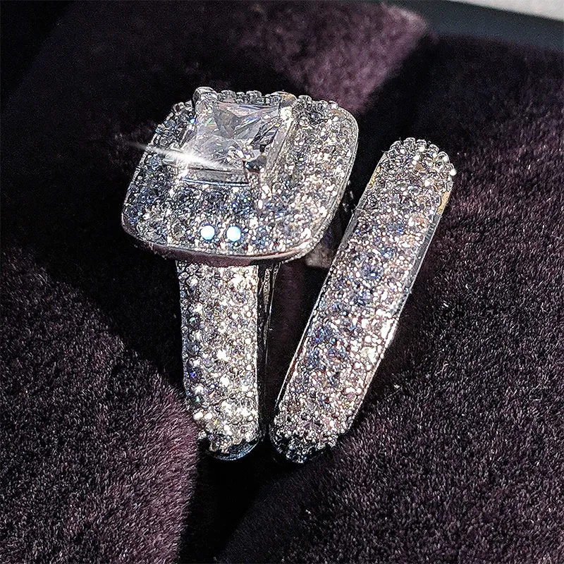 Vecalon 188pcs Topaz Simulated diamond cz 14KT White Gold Filled 3-in-1 Engagement Wedding Band Ring Set for Women Sz 5-11