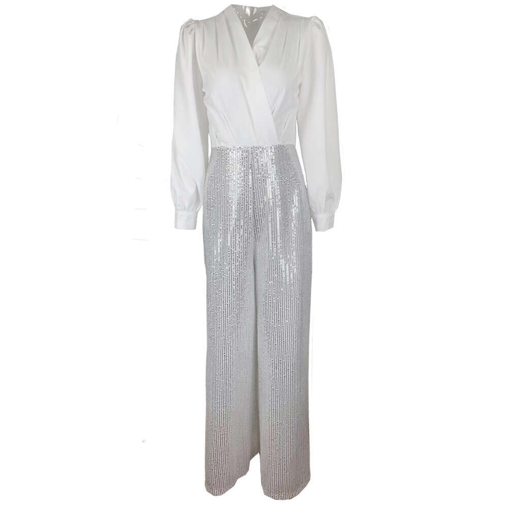 Summer New Fashion Solid Color V-Neck Long Sleeve Shirt Sequin Wide-Leg Pants Jumpsuit B5