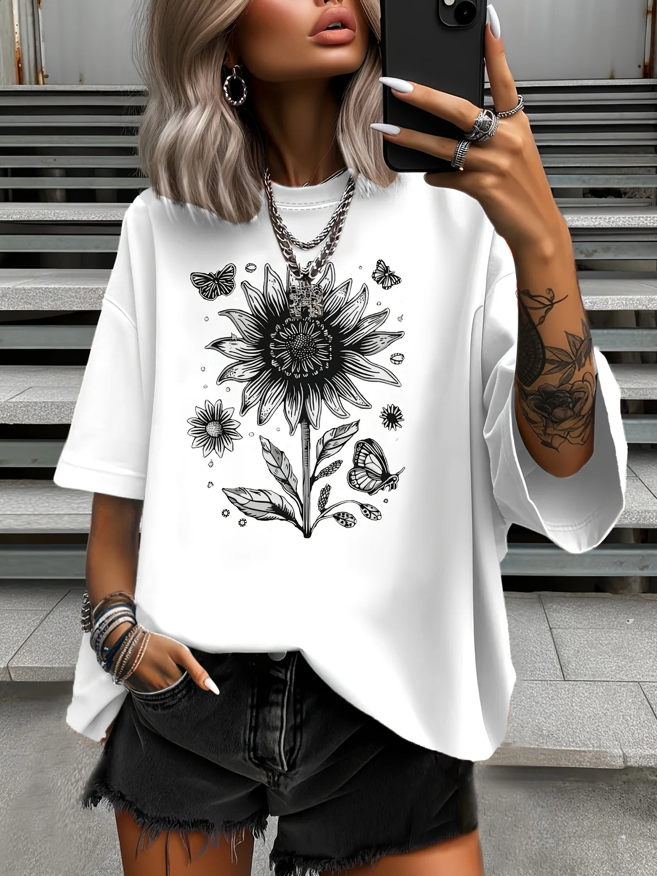 Summer Plus Size Fashion Womens TShirt Original n Sunflower ed Casual Round Neck Short Sleeved Top 250519