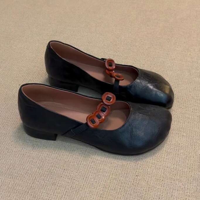Genuine Leather French Style Round Toe Chunky Heel Single for Women, New Autumn One-Strap Shallow Mouth Mary Jane Ballet Shoes