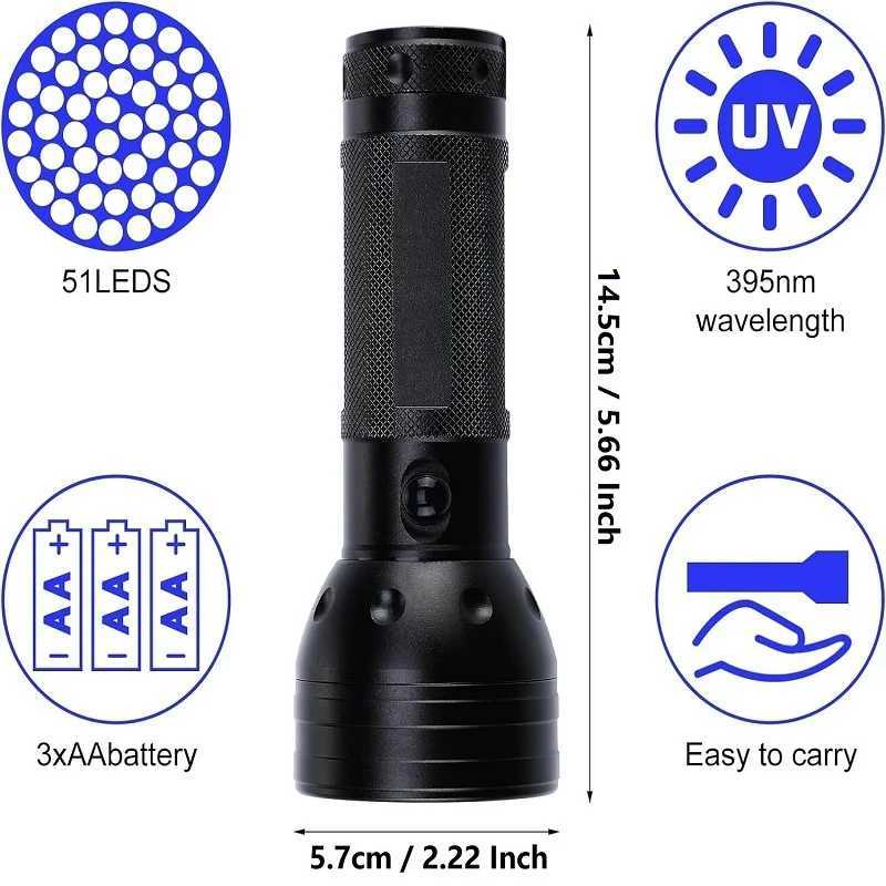 395nm UV Flashlight Black Light Waterproof 51 LED Flashlight Set with AA Battery for Home Hotel Inspection Pet Urine Detector XJ250529