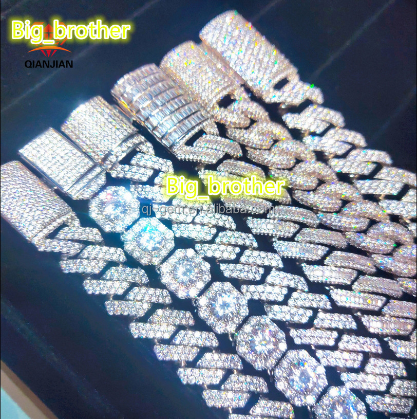 Qianjian Custom Hip Hop Moissanite Cuban Link Chain 925 Silver Diamond Iced Out Necklace