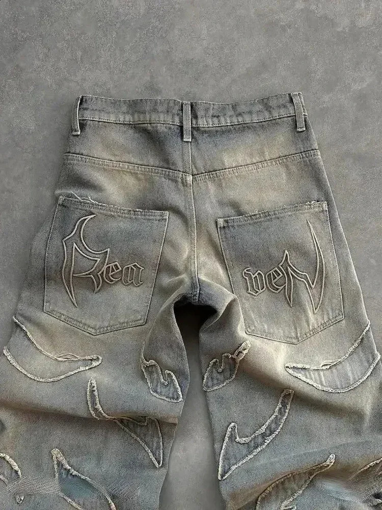 American Fashion Pattern Embroidery Washing Old Baggy Jeans Men Y2K Harajuku Vintage High Waist Wide Leg Denim Trousers 250526