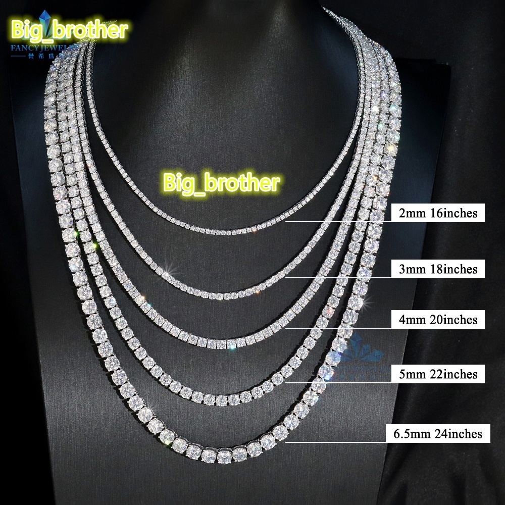 Hiphop Prompt Tennis Chain Iced Out 2mm-6.5mm Moissanite D VVS Excellent Round Cut Full Size Silver Link Necklaces for Gifts