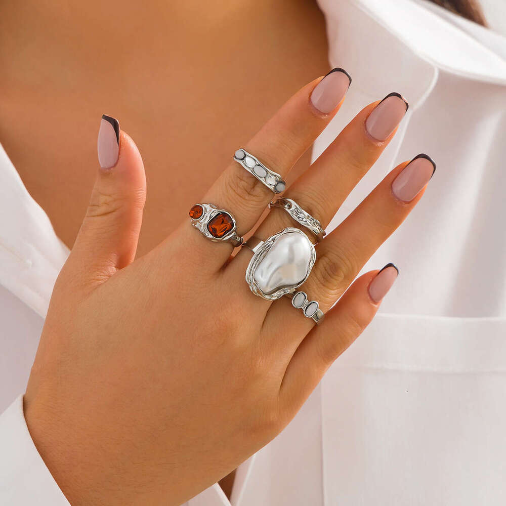 Jewelry INS Metallic Glossy Geometric Rings Irregular Inlaid Pearl Ring Set
