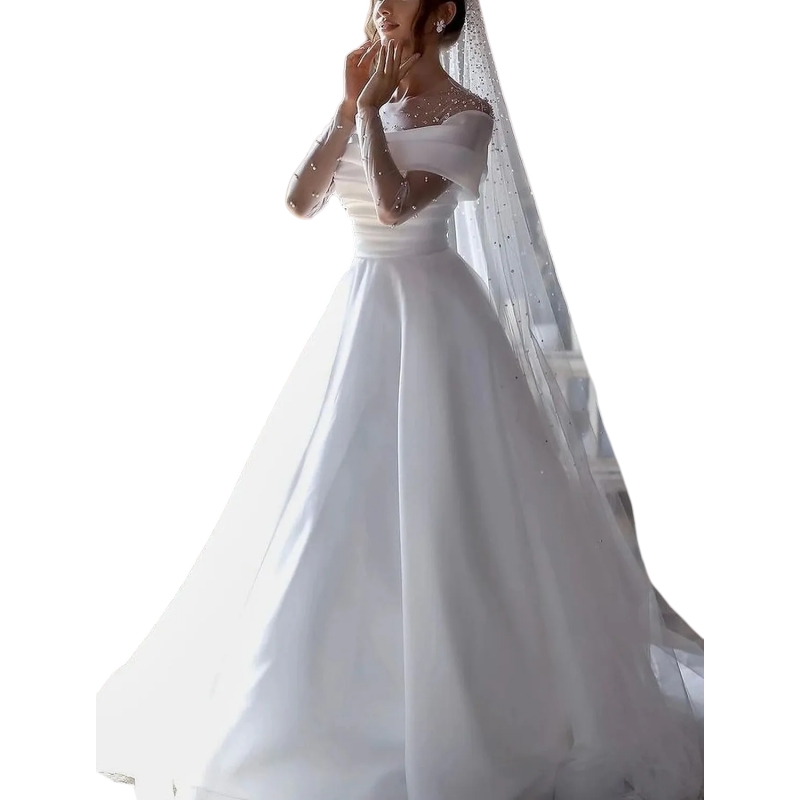 Exquisite Beaded White Wedding Dress Caped Sleeves Scoop Neck Pearls A-Line Long Bridal Gowns Floor Length Elegant Robe De Soiree custom made
