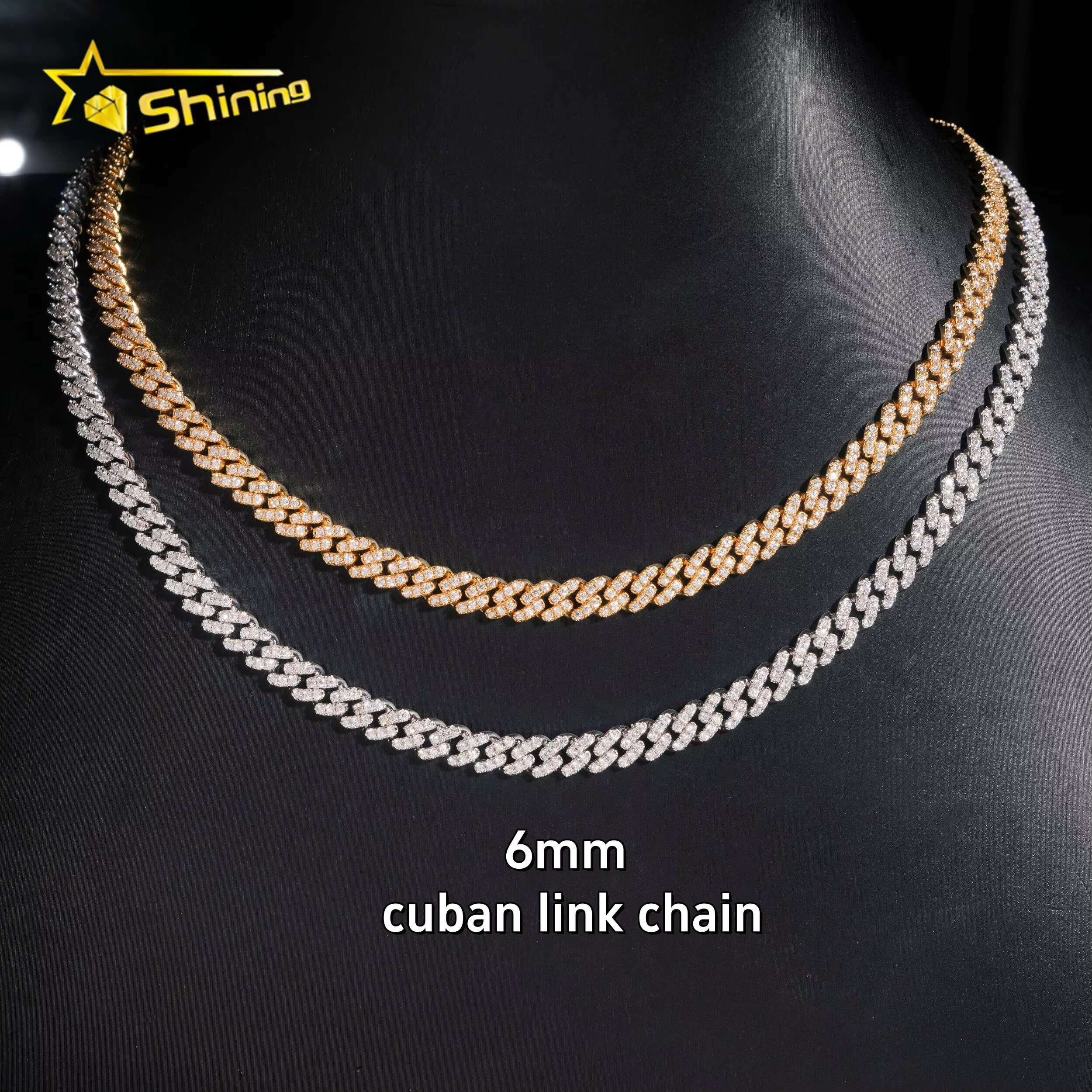 Factory Price RTS Hip Hop Jewelry 6mm Solid 925 Sterling Silver Gold Plated VVS Iced Out Moissanite Miami Cuban Link Chain