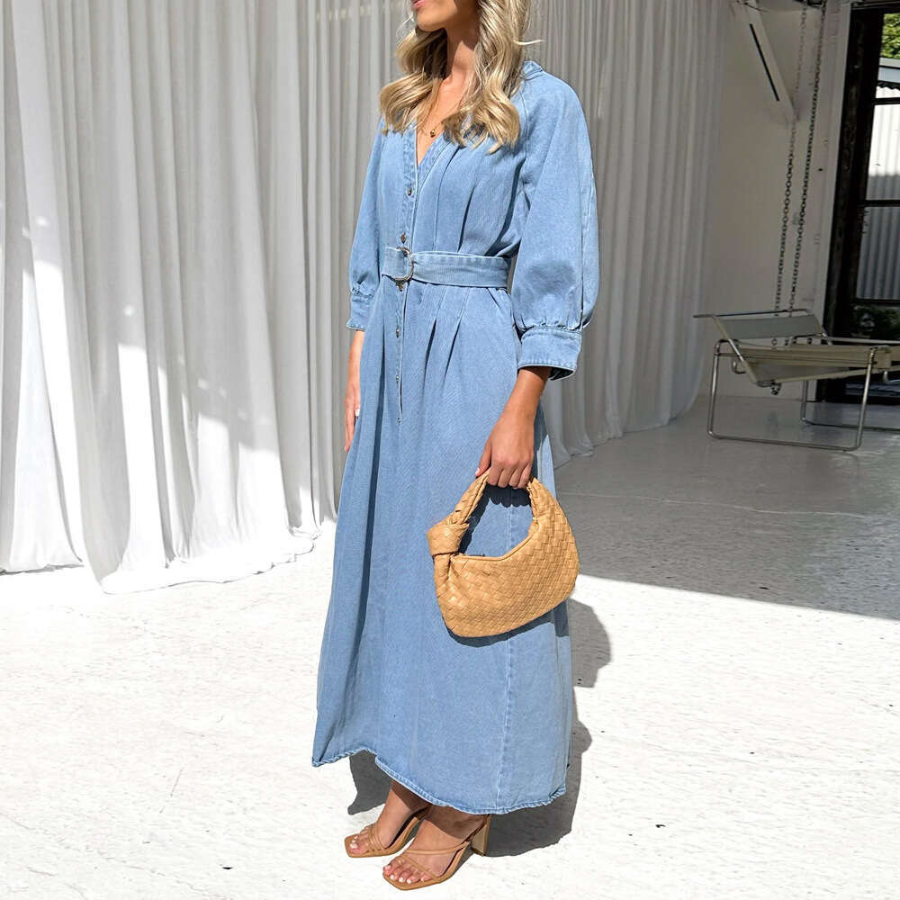 Autumn Winter New V-Neck Tie Waist Casual Button Denim Long Dress B5