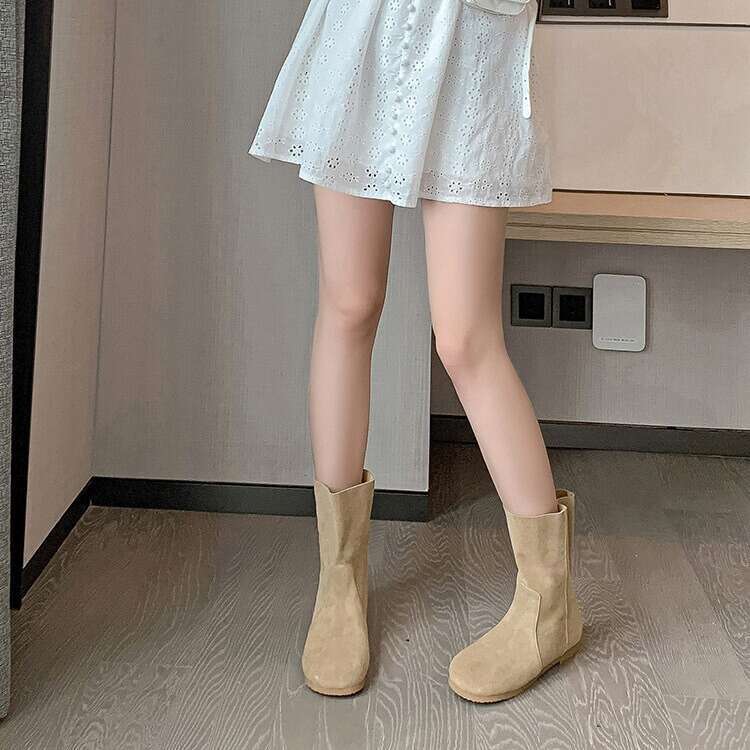Genuine Korean Style Suede Turned Leather Round Toe Flat Slim Short Women 2024 New Versatile Mid-Calf Denim Boots