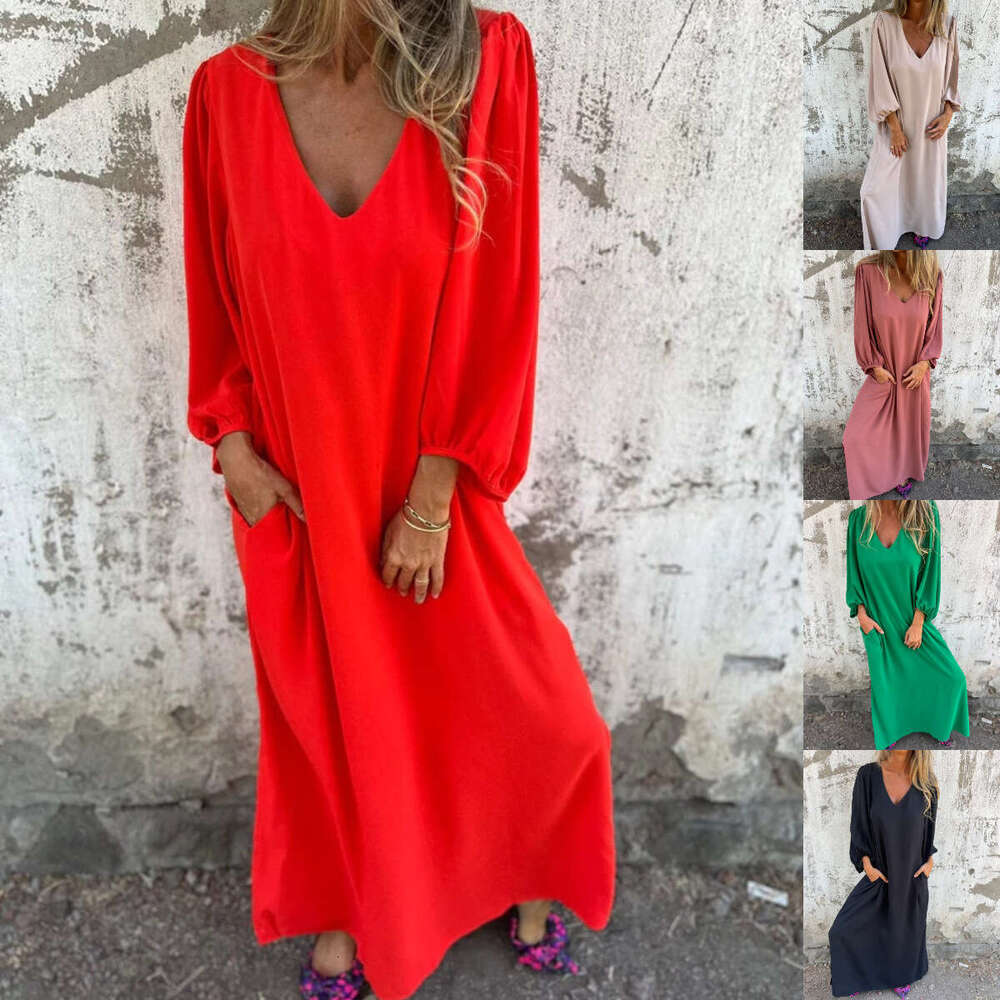Spring And Autumn Casual Loose V-Neck Solid Color Women's Lantern Sleeve Dress Multiple Colors B5