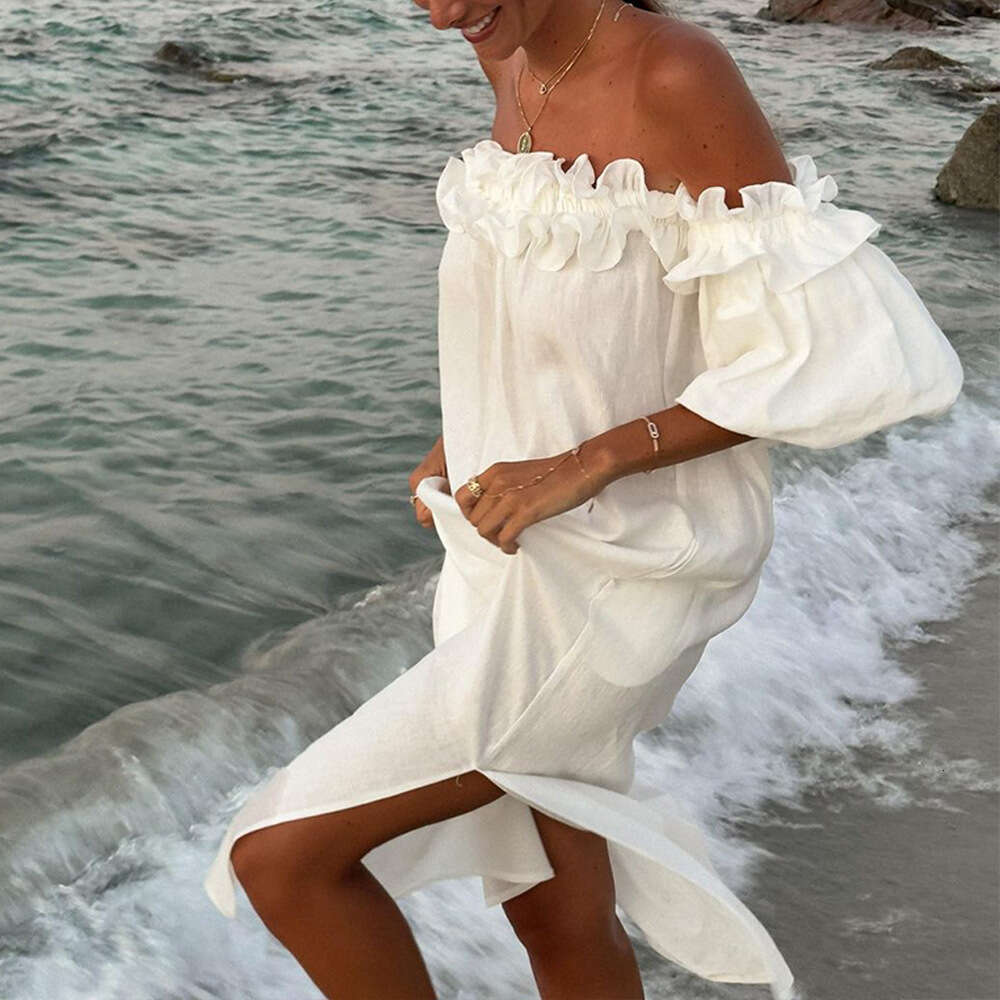 Spring/Summer Women's Off-Shoulder Sexy Puff Sleeve Solid Color Ruffle Vacation Beach Dress B5