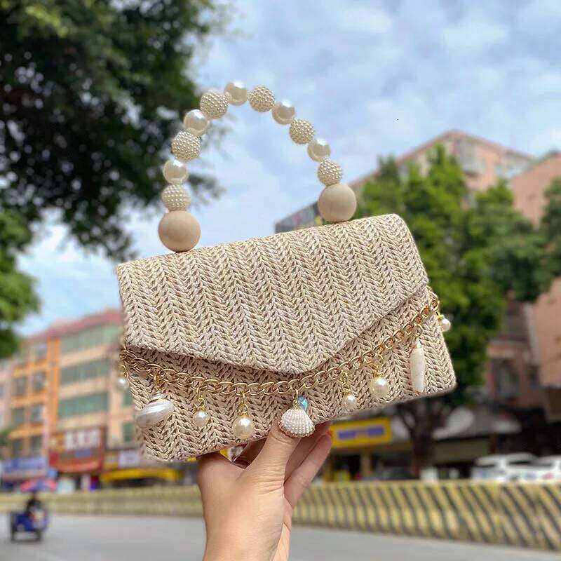 Women's Bags Designer Fashion Pearl Handle Handbags Shell Conch Chains Straw Bags For Women Summer Travel Woven Beach Shoulder Crossbody Bag