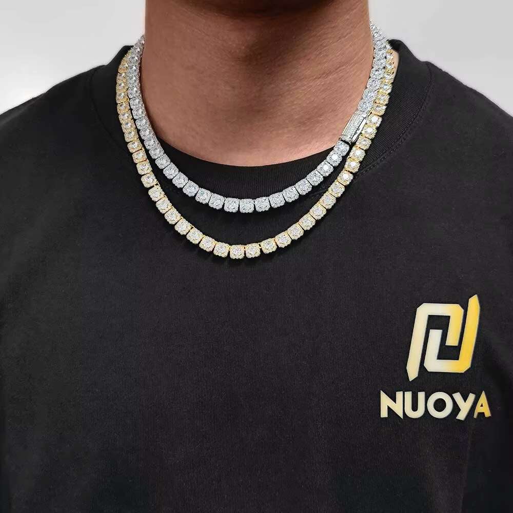 Nuoya 7mm Custom 925 Sterling Silver Tennis Chain Luxury Vvs Moissanite Diamond Cluster Tennis Chain Necklace