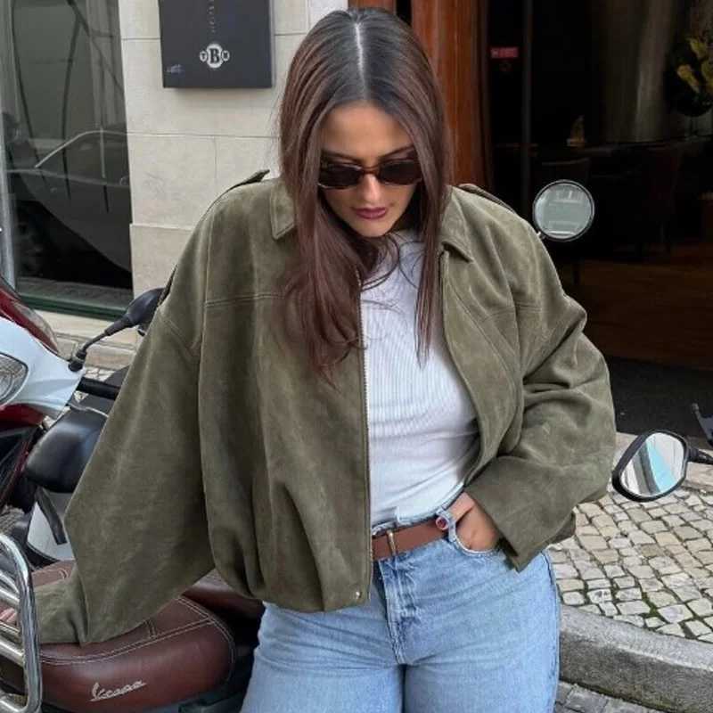 TRAF Woman 2025 Suede Bomber Jacket Green Khaki Outerwear Womens Jacket Spring Crop Oversize Long Sleeve Coats Chic Jacket 066 T250529