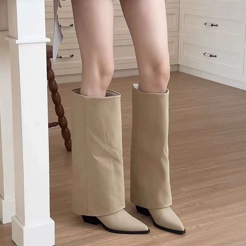 Genuine Leather Pointed Toe Chunky Heel for Women 2024 New Autumn Winter Riding Western Cowboy High Tube Long Boots