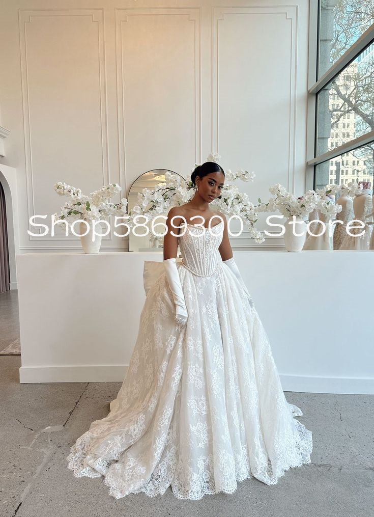 Two Pieces Lace Princess Wedding Dresses with Detachable Train Pearls Strapless Customsized Church Bridal Gown Garment
