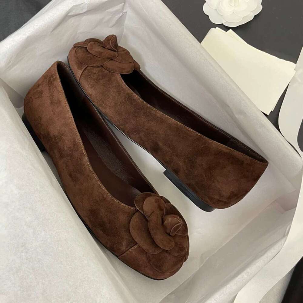 Genuine Leather Suede Shallow Mouth Camellia Single Shoes for Women Spring and Autumn New Versatile Fashion Round Toe Flat Ballet Flats