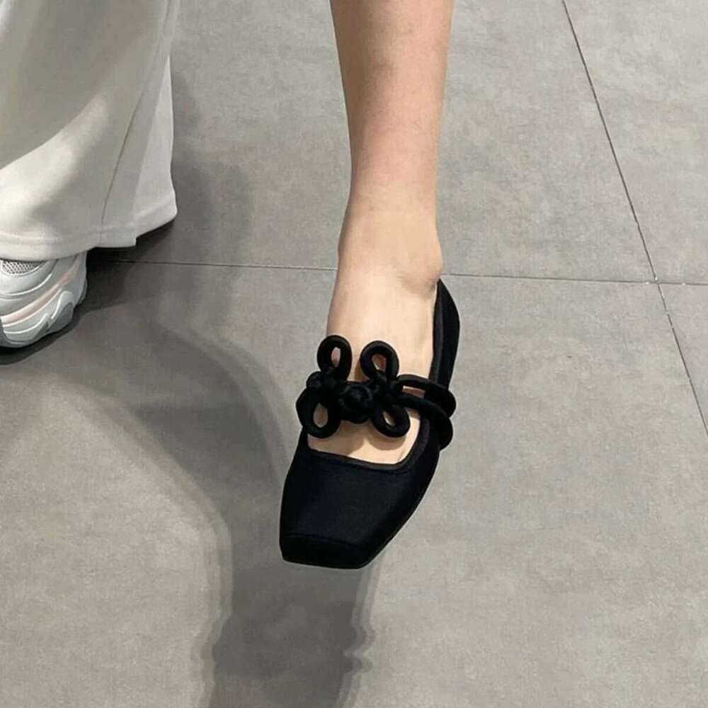 Genuine Leather Satin Flat Shallow Mouth Square Toe Single for Women 2025 Spring Chinese Knot Red Mary Jane Ballet Shoes