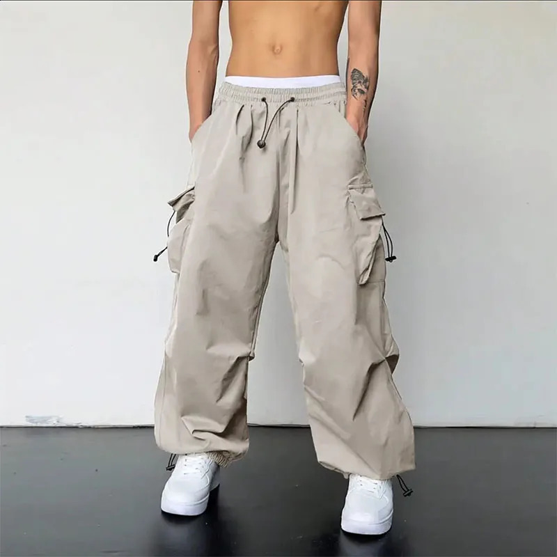 American High Street Summer Loose Straight Parachute Pants Men Solid Elastic Waist Pocket Casual Motion Wide Leg Cargo Trousers 250527