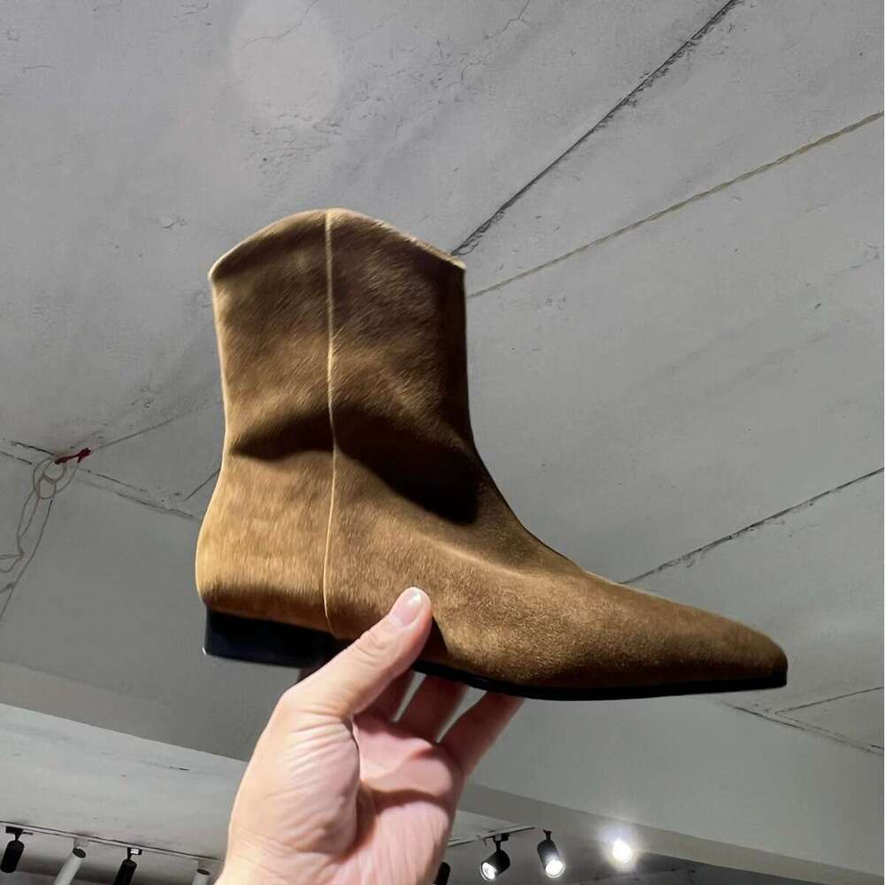 Korean Style Genuine Leather Suede Pointed Toe Chunky Heel Flat Skinny Short Western Cowboy Women's Martin Boots