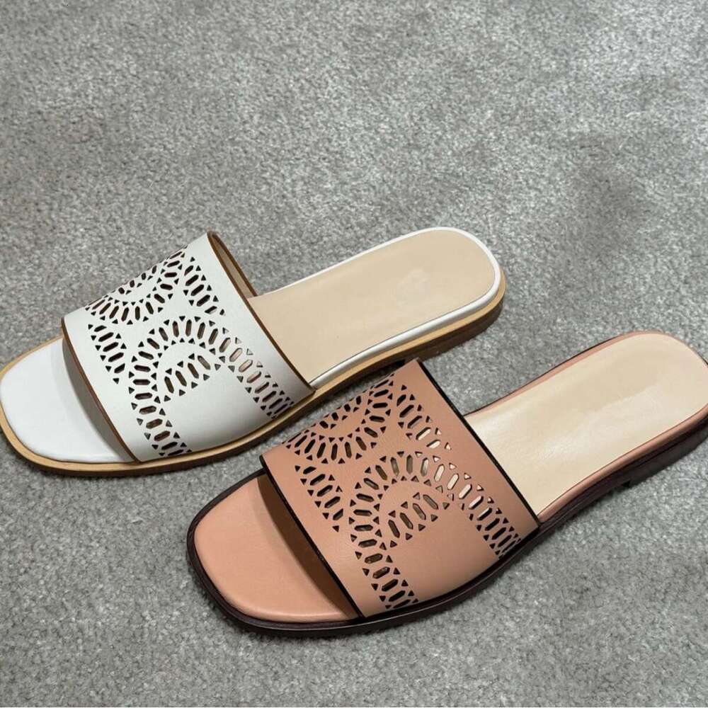 Genuine Leather Italian Laser Cut Hollow Carved Square Toe Flat Slippers for Women Outdoor Summer New Beach Sandals