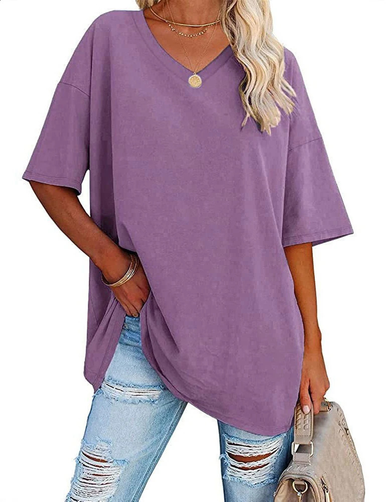 Womens Loose VNeck Top SpringSummer Color Half Sleeve European American Style Clothing Foreign Trade 250519