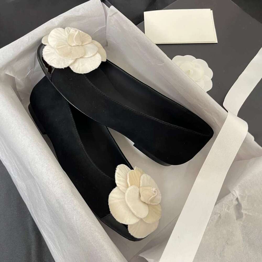 Genuine Leather Suede Shallow Mouth Camellia Single Shoes for Women Spring and Autumn New Versatile Fashion Round Toe Flat Ballet Flats
