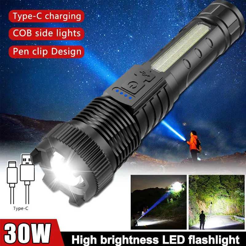 Powerful LED Flashlights Type-c Rechargeable Telescopic Zoom Tactical Torch Built-in Battery for Camping Emergency Lamp XJ250529