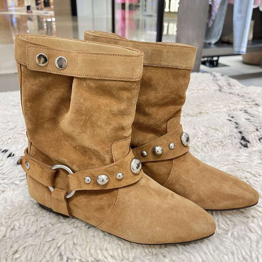 Niche Suede Metal Ring Pointed Toe Western Cowboy for Women 2024 New Flat Slim Short Boots
