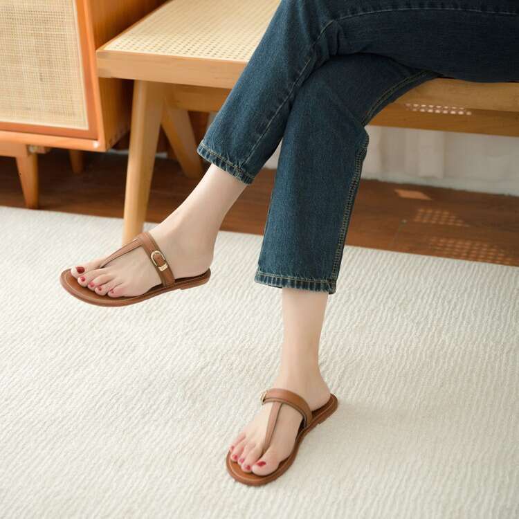 Genuine Leather Korean Style Post for Women, Summer New Beach Vacation Flat Open Toe Roman Sandals