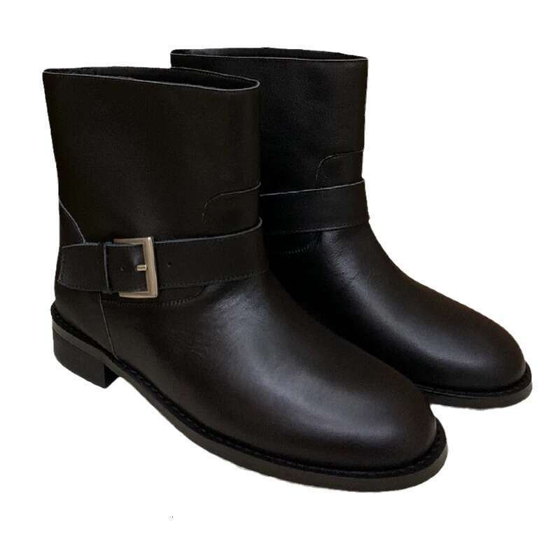 Korean Style Belt Buckle Round Toe Heel Low Short Martin Women Autumn Winter Wide Tube Chelsea Slim Boots