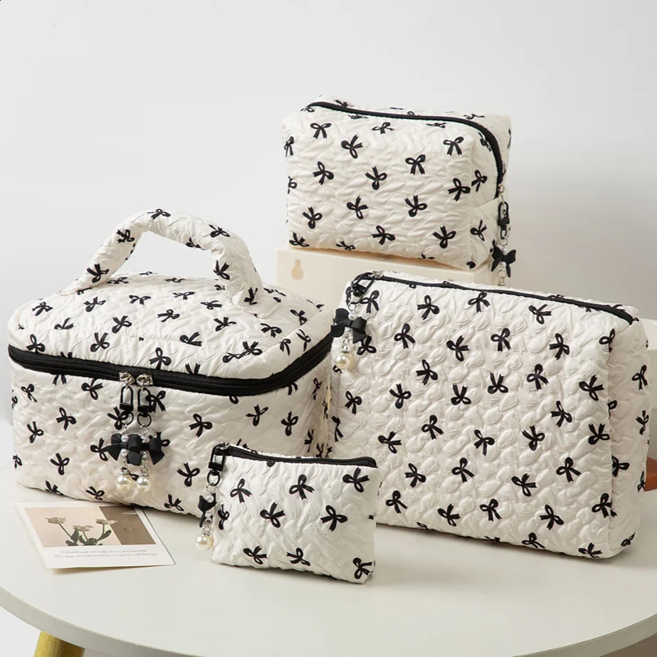 Cotton Bow Makeup Bag for Women Nylon Quilted Travel Cosmetic with Zipper Sweet Aesthetic Toiletry Skincare Storage Bags 250528