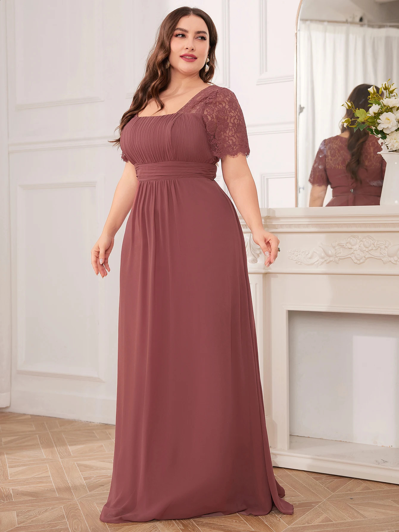 Unithorse Plus Size Womens Lace Applique Sleeve Bust Ruched Chiffon Formal Evening Dress 250517
