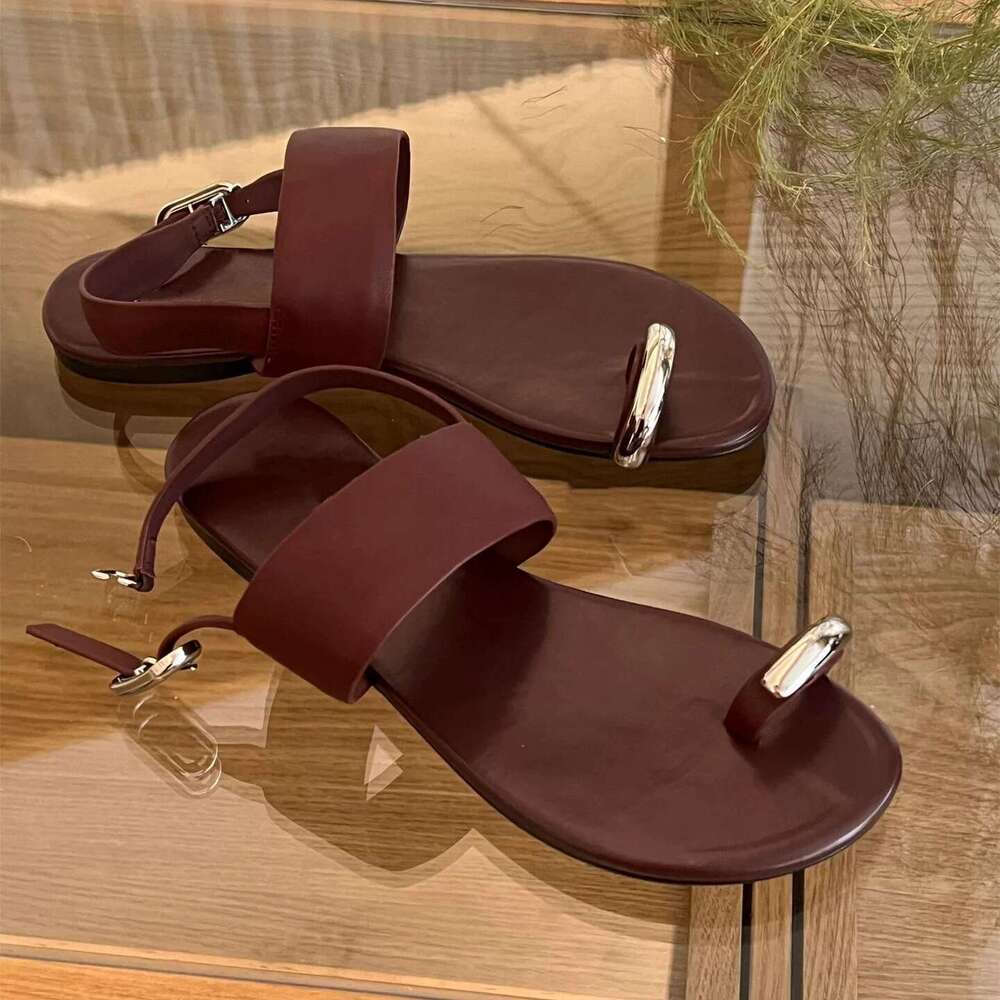 Cowhide Version ~ Korean Niche Metal Toe Strap for Women 2025 Summer New Beach Flat Sandals