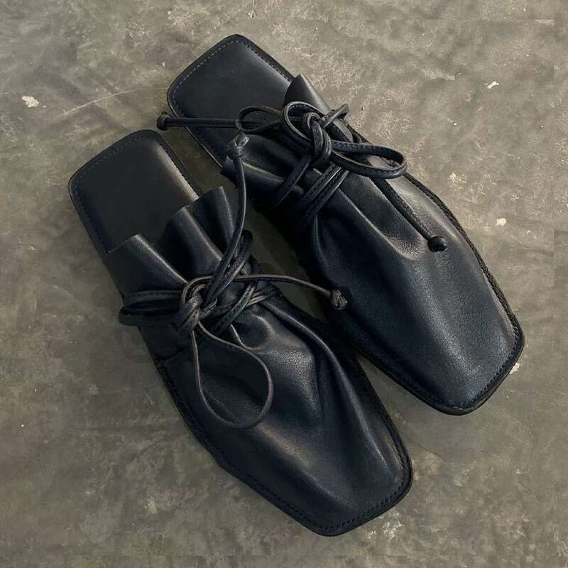 Genuine Leather Niche Square Closed Toe Half Slippers for Women Outdoor 2025 Spring Summer Fashion Lace-up Flat Sandals