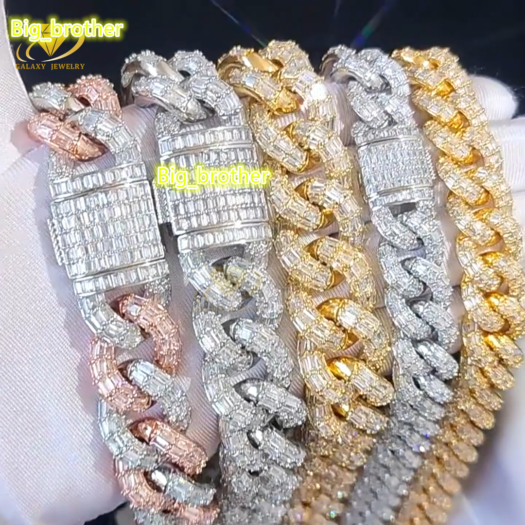Trendy Mens Jewelry Miami Heavy Cuban Link Chain 20mm Bling Iced Out Moissanite Baguette Diamond Cuban Bracelet Necklace