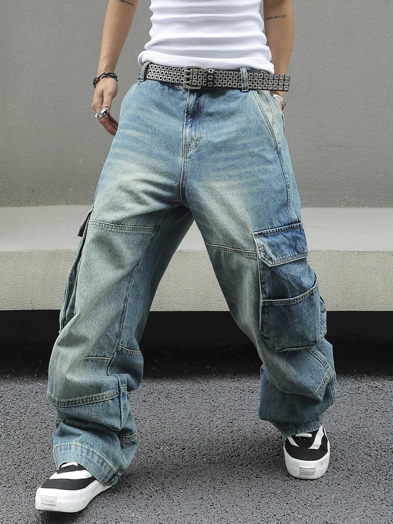 Mens Baggy Denim Cargo Pants Multi-Pocket Wide-Leg Jeans Vintage Washed Loose Fit Strtwear StyleC250528
