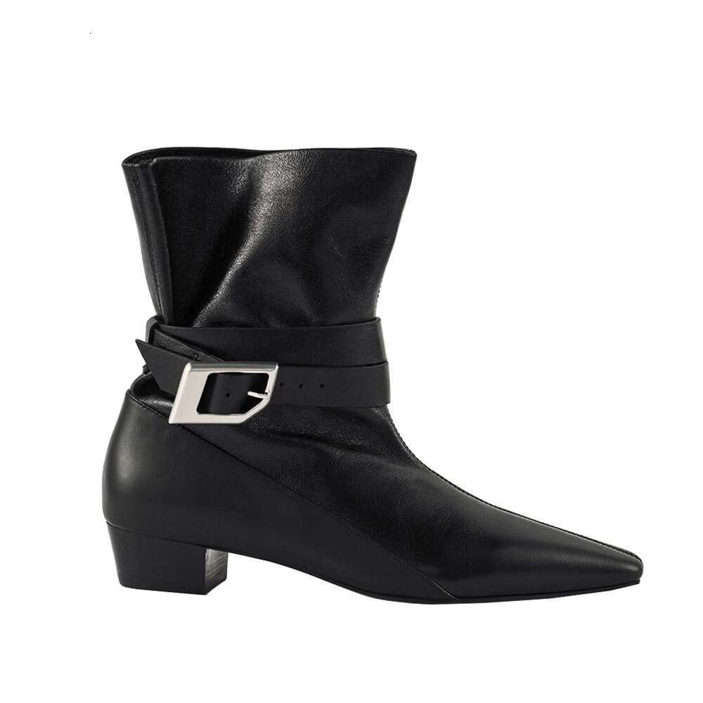 Korean Style Niche Design Square Toe Mid Chunky Heel Belt Buckle Short Slim Women 2024 Autumn Winter Martin Boots