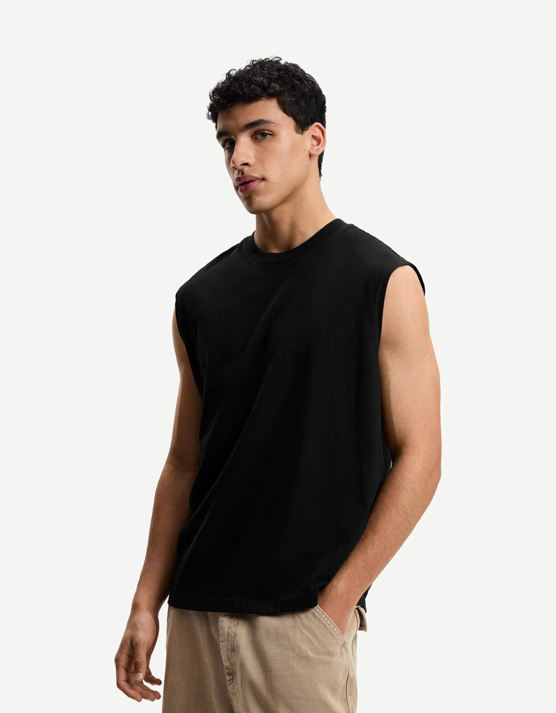 Summer Logo Gym Cut Sports Heavyweight Sleeveless T-Shirt Men's 100% Cotton Solid Black Vest